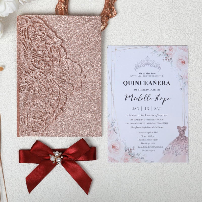 AdasBridal 25Pcs 250GSM Tri-Fold Glitter Wedding Invitations with RSVP Cards and Envelopes for Wedding Engagement Bridal Shower Birthday Quinceanera Party Invite(Rose Gold Glitter, 7.09 X 4.92inch) - Image 2